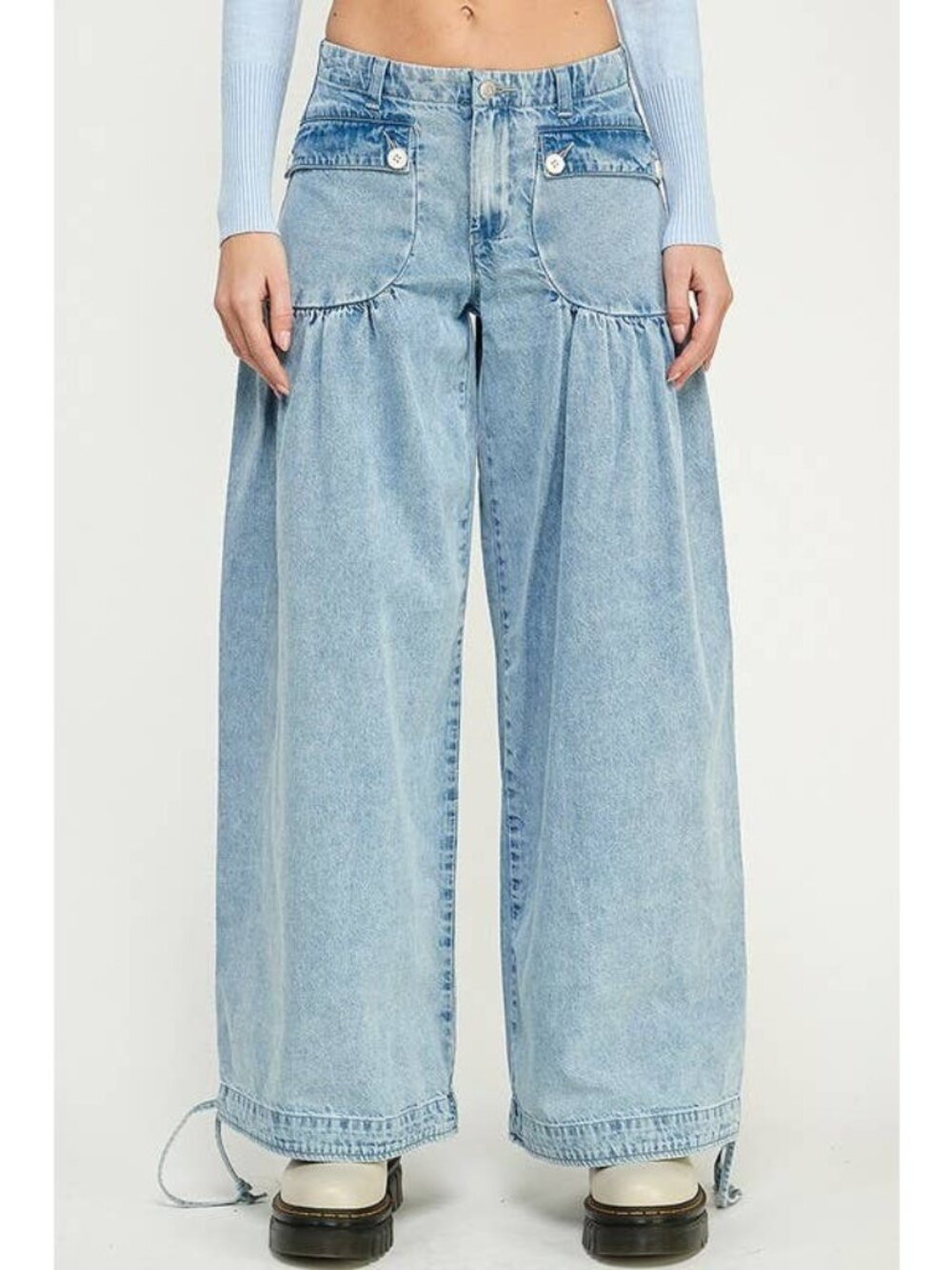 Free People Light Blue Wide Leg Drawstring Hem Jeans - Picture 2 of 8